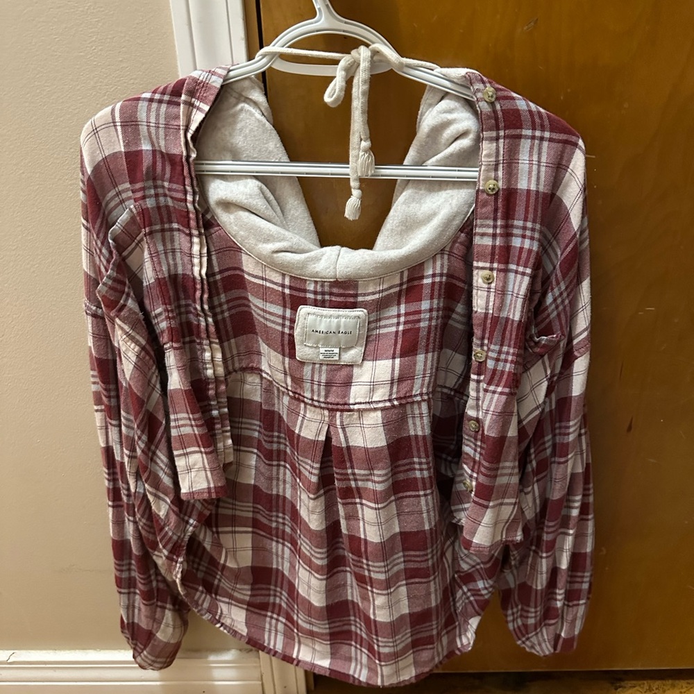 American Eagle Outfitters Maroon and Cream Plaid Hoodie